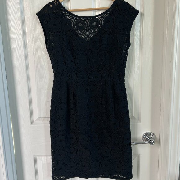 Nanette Lepore Dress Black Lace Overlay Sheath Cap Sleeve SZ8 Cocktail Party - Picture 2 of 10